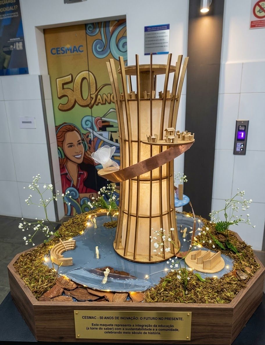 Maquete da Torre do Saber, torre de madeira trançada sobre ilha flutuante com musgo e água, exposta no CESMAC